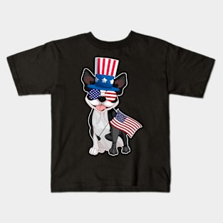 Boston Terriers Uncle Sam Hat Sunglasses Usa Flag 4th Of July Kids T-Shirt